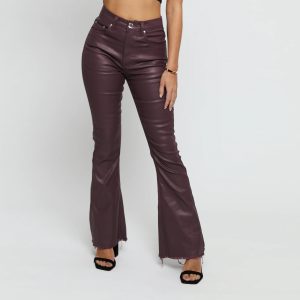High Waisted Burgundy Faux Leather Flare Pants