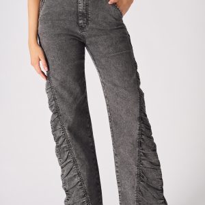 High Waisted Grey Washed Denim Jeans with Side Ruffle Details