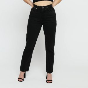 Slim fit high waisted black straight leg jeans